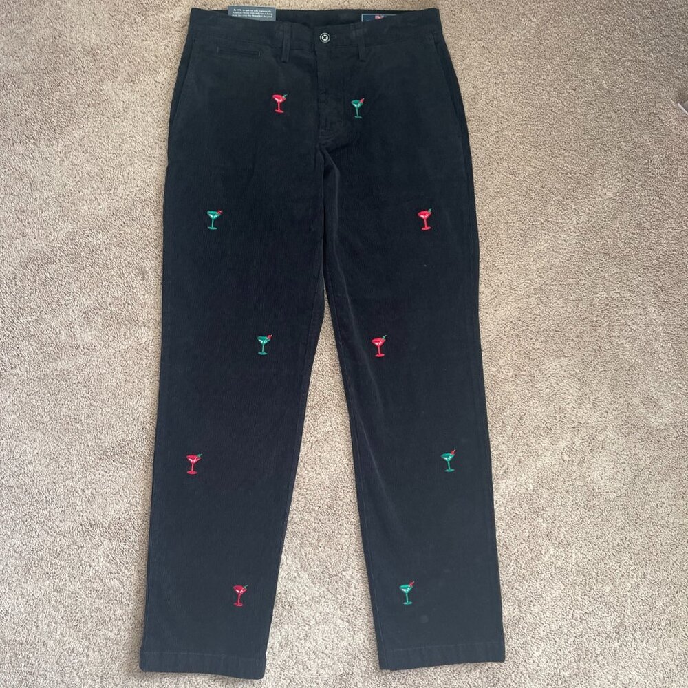 Vineyard Vines Pants Mens 30x32 Black Allover Martini Print Corduroy Stretch NWT